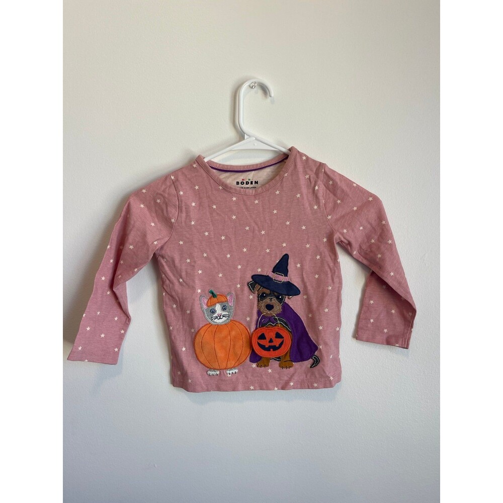 Mini Boden Pink Polka Dot Halloween Appliqué Long Sleeve Shirt 3/4 Years